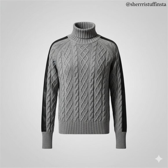 Evereve Sweaters - Like New Evereve Turtleneck Harlow Gray Cable Knit Sweater Leather Sleeve Size S